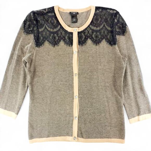 Ann Taylor Black Lace Stripe Whimsigoth Fairygoth Grandmacore Cardigan Sweater L - Picture 2 of 9